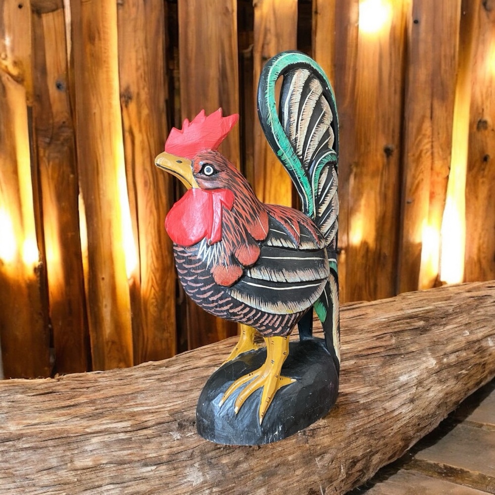Vintage Hand-Carved Wooden Rooster Folk Art Sculpture 16"